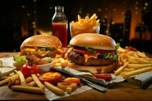 Fast food restaurant menu. Burgers, french fries, coleslaw, chicken nuggets and salads on wooden table. ai generated pro photo