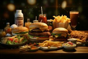 Fast food restaurant menu. Burgers, french fries, coleslaw, chicken nuggets and salads on wooden table. ai generated pro photo