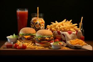 Fast food restaurant menu. Burgers, french fries, coleslaw, chicken nuggets and salads on wooden table. ai generated pro photo