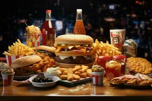 Fast food restaurant menu. Burgers, french fries, coleslaw, chicken nuggets and salads on wooden table. ai generated pro photo