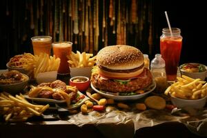 Fast food restaurant menu. Burgers, french fries, coleslaw, chicken nuggets and salads on wooden table. ai generated pro photo