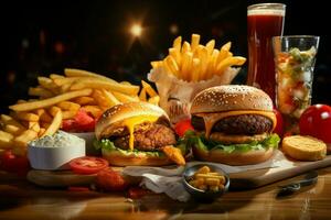 rápido comida restaurante menú. hamburguesas, francés papas fritas, Ensalada de col, pollo pepitas y ensaladas en de madera mesa. ai generado Pro foto