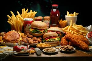 Fast food restaurant menu. Burgers, french fries, coleslaw, chicken nuggets and salads on wooden table. ai generated pro photo