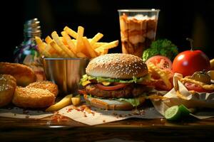 Fast food restaurant menu. Burgers, french fries, coleslaw, chicken nuggets and salads on wooden table. ai generated pro photo