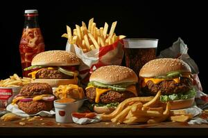 Fast food restaurant menu. Burgers, french fries, coleslaw, chicken nuggets and salads on wooden table. ai generated pro photo