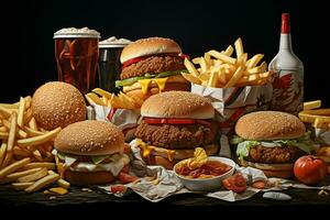 Fast food restaurant menu. Burgers, french fries, coleslaw, chicken nuggets and salads on wooden table. ai generated pro photo