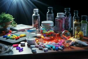 Pharmaceutical medicine pills and capsules on wooden table in dark room. ai generated pro photo