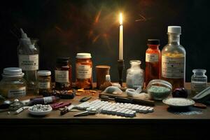 farmacéutico medicina pastillas y cápsulas en de madera mesa en oscuro habitación. ai generado Pro foto