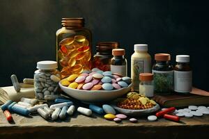 farmacéutico medicina pastillas y cápsulas en de madera mesa en oscuro habitación. ai generado Pro foto