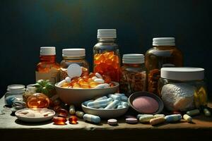 Pharmaceutical medicine pills and capsules on wooden table in dark room. ai generated pro photo