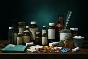 Pharmaceutical medicine pills and capsules on wooden table in dark room. ai generated pro photo