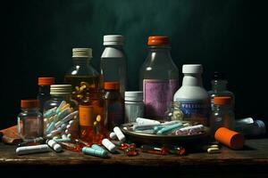 Pharmaceutical medicine pills and capsules on wooden table in dark room. ai generated pro photo