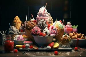 Variety of colorful ice cream in waffle cones, closeup. ai generated pro photo