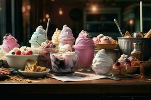 Variety of colorful ice cream in waffle cones, closeup. ai generated pro photo