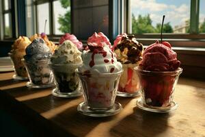 Variety of colorful ice cream in waffle cones, closeup. ai generated pro photo