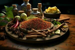 Spices and herbs on the table in composition with kitchen accessories. ai generated pro photo