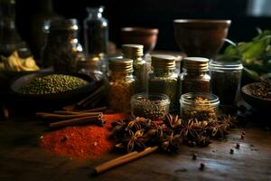 Spices and herbs on the table in composition with kitchen accessories. ai generated pro photo