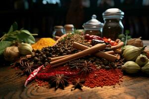 Spices and herbs on the table in composition with kitchen accessories. ai generated pro photo