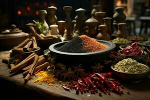 Spices and herbs on the table in composition with kitchen accessories. ai generated pro photo