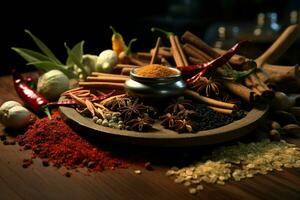 Spices and herbs on the table in composition with kitchen accessories. ai generated pro photo