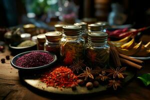 Spices and herbs on the table in composition with kitchen accessories. ai generated pro photo