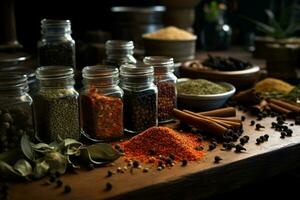 Spices and herbs on the table in composition with kitchen accessories. ai generated pro photo