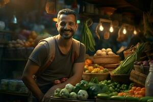 Portrait of a smiling man selling vegetables at a grocery store. ai generated pro photo