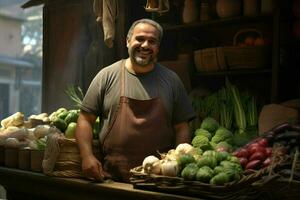 retrato de un sonriente hombre de venta vegetales a un tienda de comestibles almacenar. ai generado Pro foto