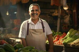 Portrait of a smiling man selling vegetables at a grocery store. ai generated pro photo