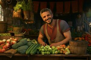 retrato de un sonriente hombre de venta vegetales a un tienda de comestibles almacenar. ai generado Pro foto