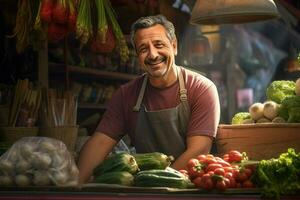 retrato de un sonriente hombre de venta vegetales a un tienda de comestibles almacenar. ai generado Pro foto