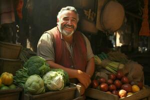 retrato de un sonriente hombre de venta vegetales a un tienda de comestibles almacenar. ai generado Pro foto