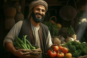 retrato de un sonriente hombre de venta vegetales a un tienda de comestibles almacenar. ai generado Pro foto