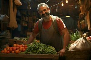 retrato de un sonriente hombre de venta vegetales a un tienda de comestibles almacenar. ai generado Pro foto