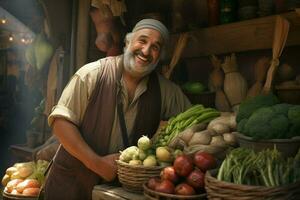 retrato de un sonriente hombre de venta vegetales a un tienda de comestibles almacenar. ai generado Pro foto