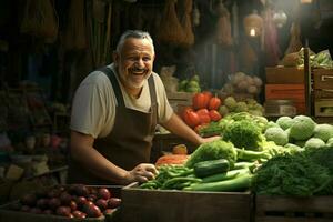 Portrait of a smiling man selling vegetables at a grocery store. ai generated pro photo