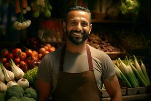 retrato de un sonriente hombre de venta vegetales a un tienda de comestibles almacenar. ai generado Pro foto