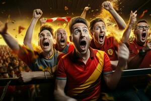 Excited Belgium football fans cheering for their team during a game at stadium. ai generated pro photo