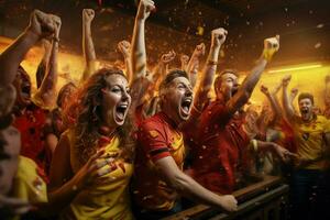 Excited Belgium football fans cheering for their team during a game at stadium. ai generated pro photo