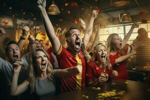 Excited Belgium football fans cheering for their team during a game at stadium. ai generated pro photo