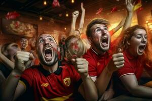 Excited Belgium football fans cheering for their team during a game at stadium. ai generated pro photo