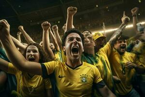 emocionado Brasil fútbol americano aficionados aplausos para su equipo durante un juego a estadio. ai generado Pro foto