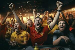 Excited Belgium football fans cheering for their team during a game at stadium. ai generated pro photo