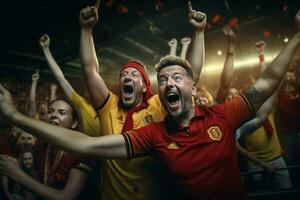 Excited Belgium football fans cheering for their team during a game at stadium. ai generated pro photo