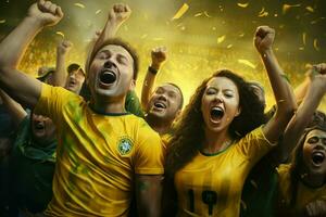 Excited Brazil football fans cheering for their team during a game at stadium. ai generated pro photo