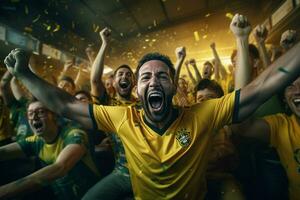 Excited Brazil football fans cheering for their team during a game at stadium. ai generated pro photo