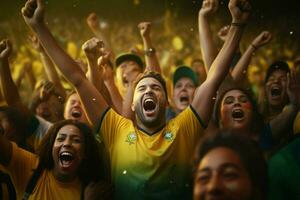 Excited Brazil football fans cheering for their team during a game at stadium. ai generated pro photo