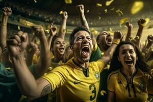 Excited Brazil football fans cheering for their team during a game at stadium. ai generated pro photo