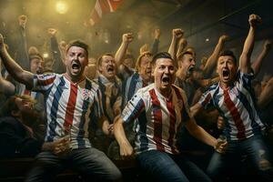 Excited Croatia football fans cheering for their team during a game at stadium. ai generated pro photo