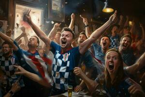 Excited Croatia football fans cheering for their team during a game at stadium. ai generated pro photo